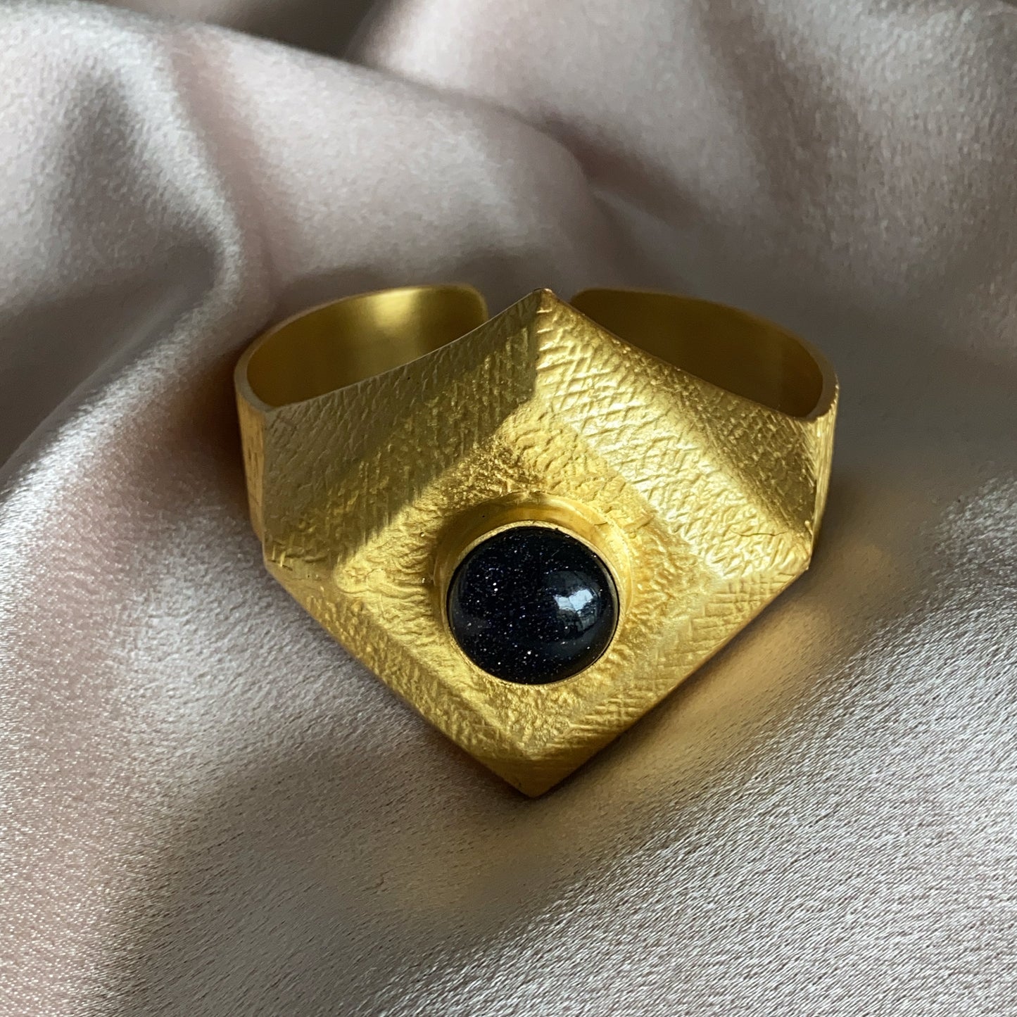 Handcrafted Blue Sunstone Hammered Gold Cuff