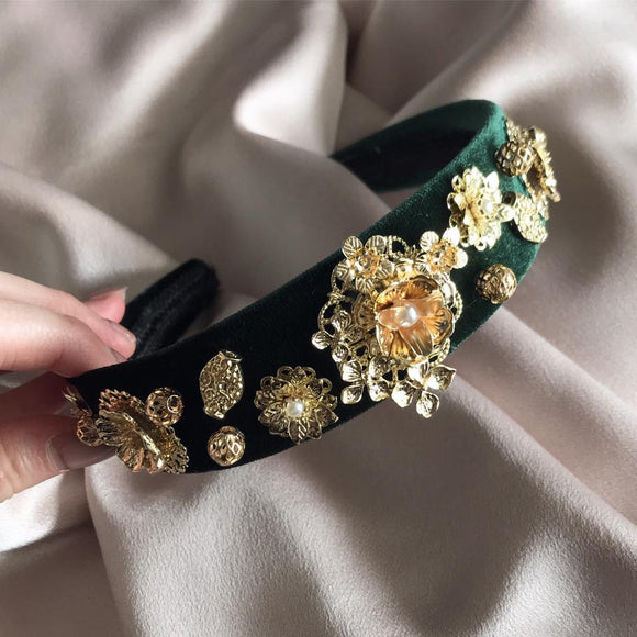 Emerald Baroque Style Headband & Earrings