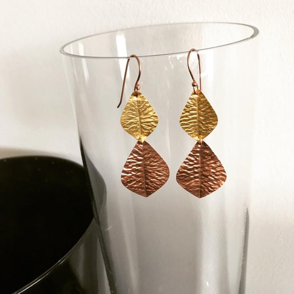 Handcrafted Rose & Gold Plated Brass Leaf Earrings