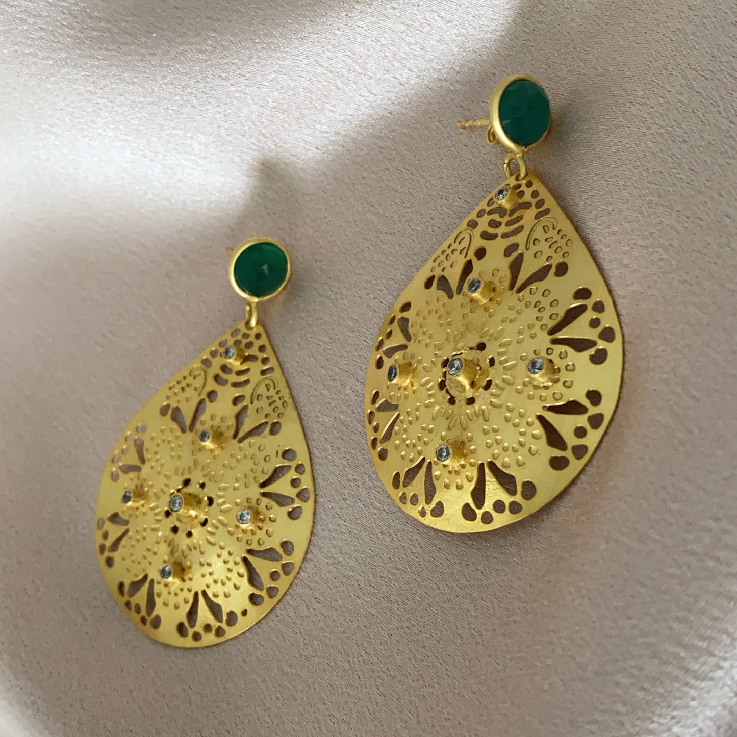 Handcrafted Green Onyx Filigree Earrings